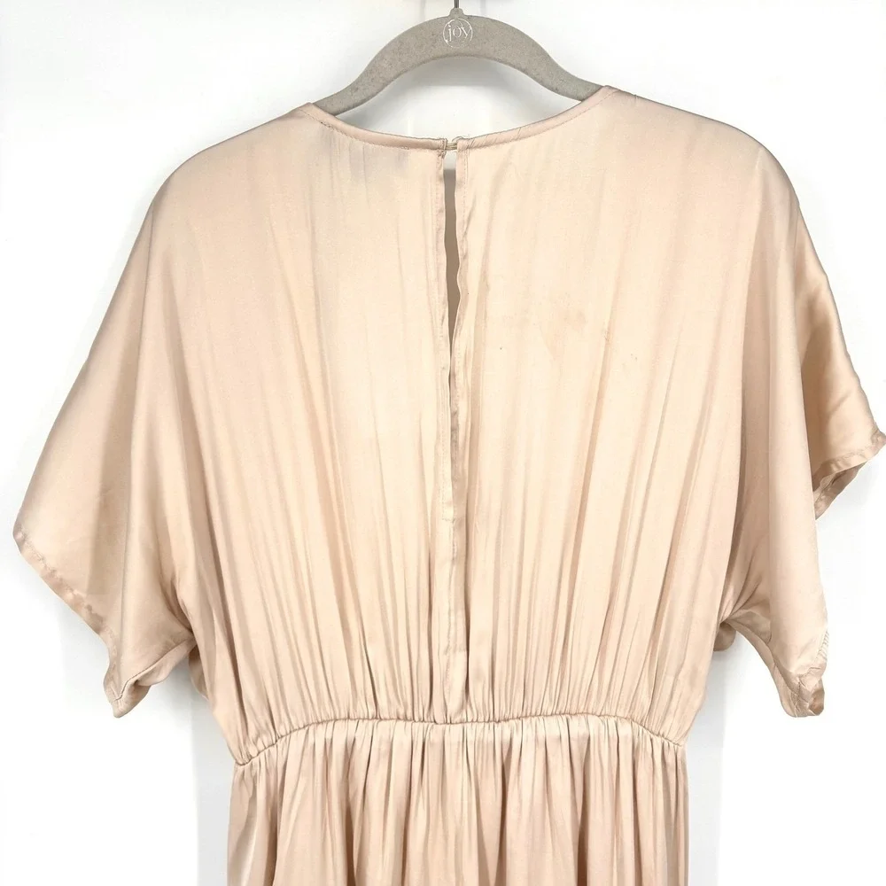 NWT Aakaa Satin Ruched‎ Midi Dress Sheath V Neck Champagne Beige Lined Draped L - Picture 11 of 14